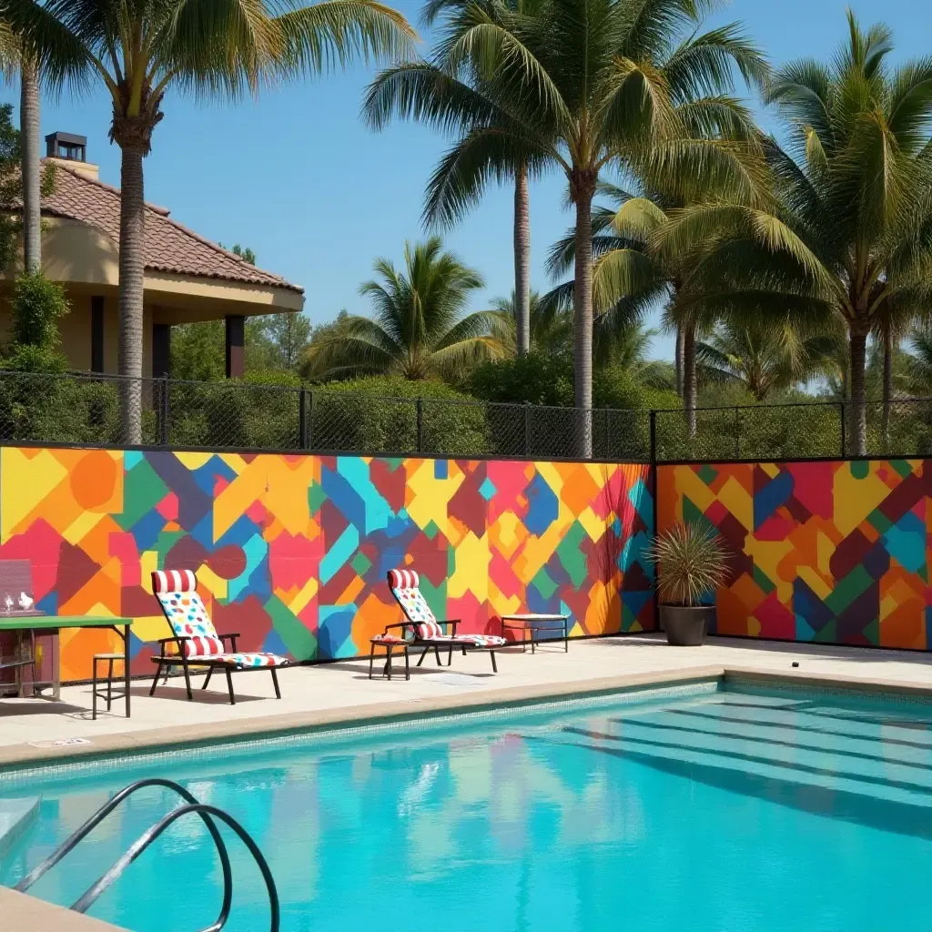 a photo of colorful geometric patterns adorning a poolside fence