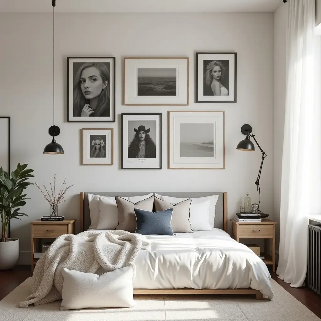 a photo of a fashionable teen room showcasing a gallery wall of art and photos