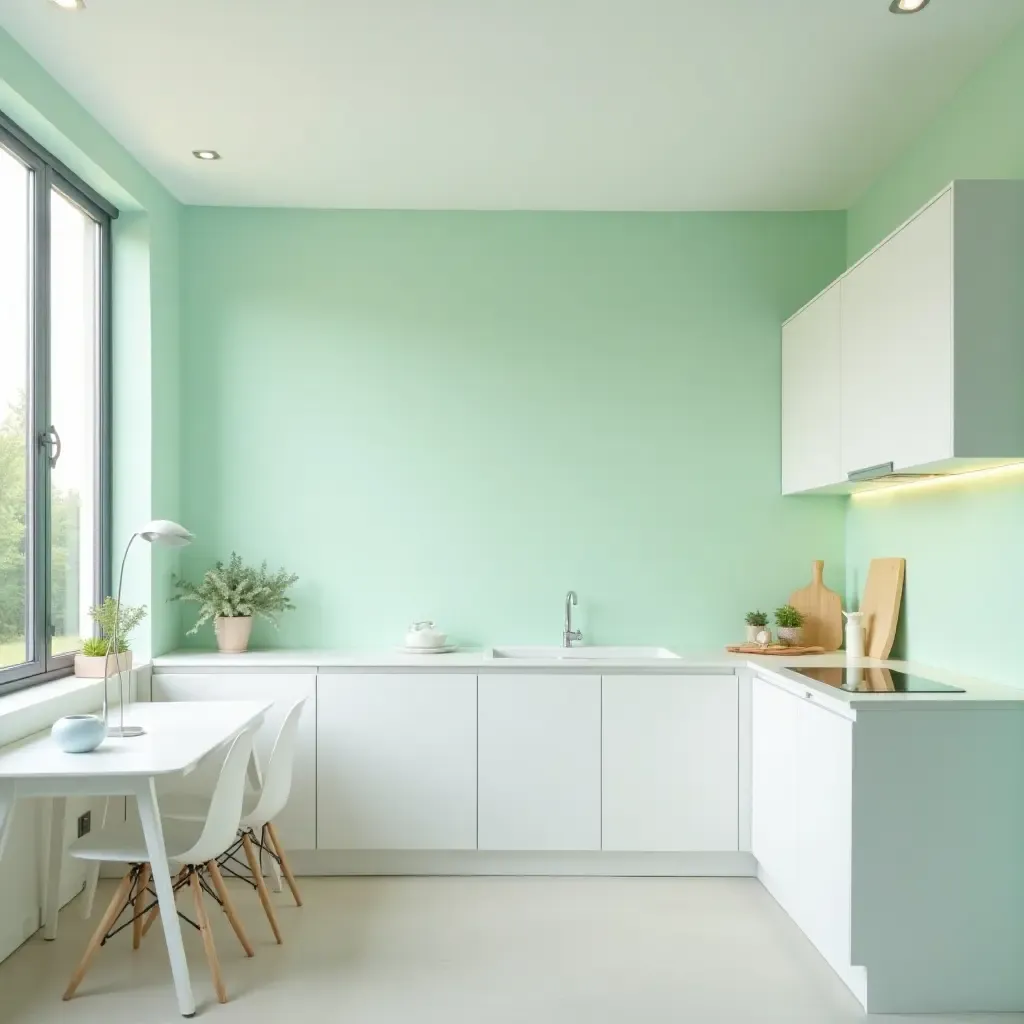 a photo of a calming seafoam green and crisp white kitchen with airy feel