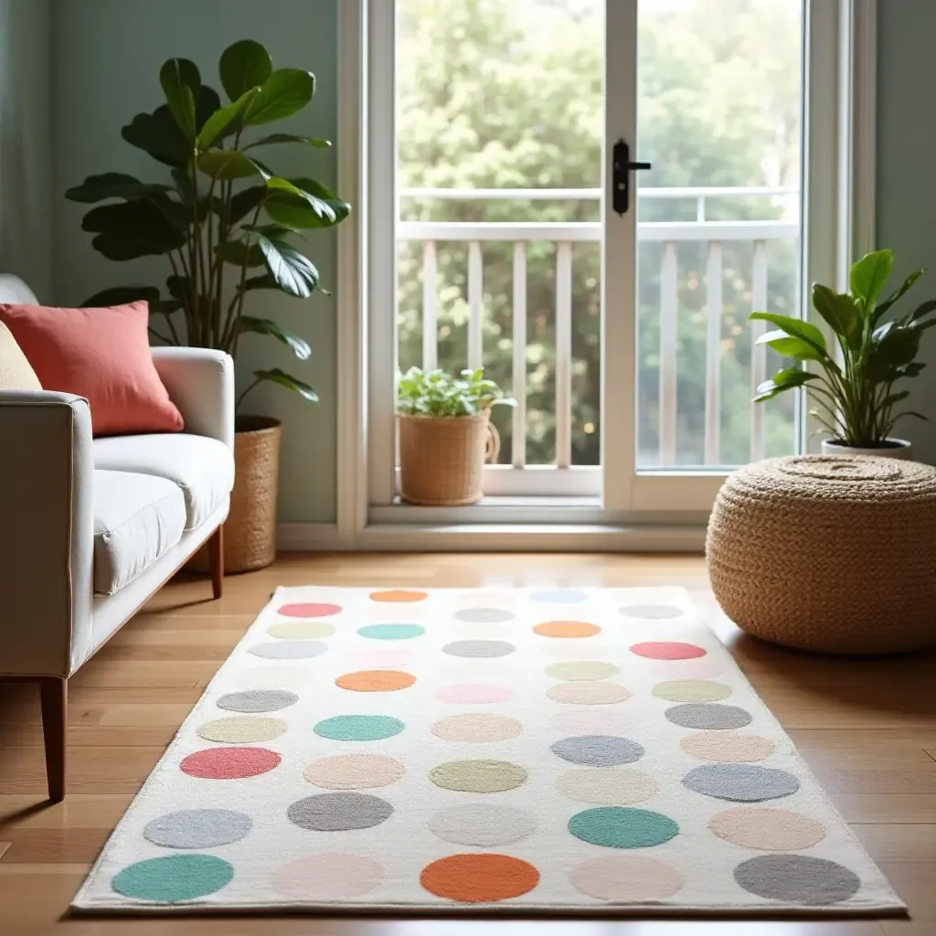 a photo of a playful polka dot rug on a fun family balcony