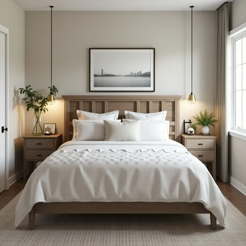 a photo of a farmhouse-inspired bedroom with a reclaimed wood headboard and soft lighting