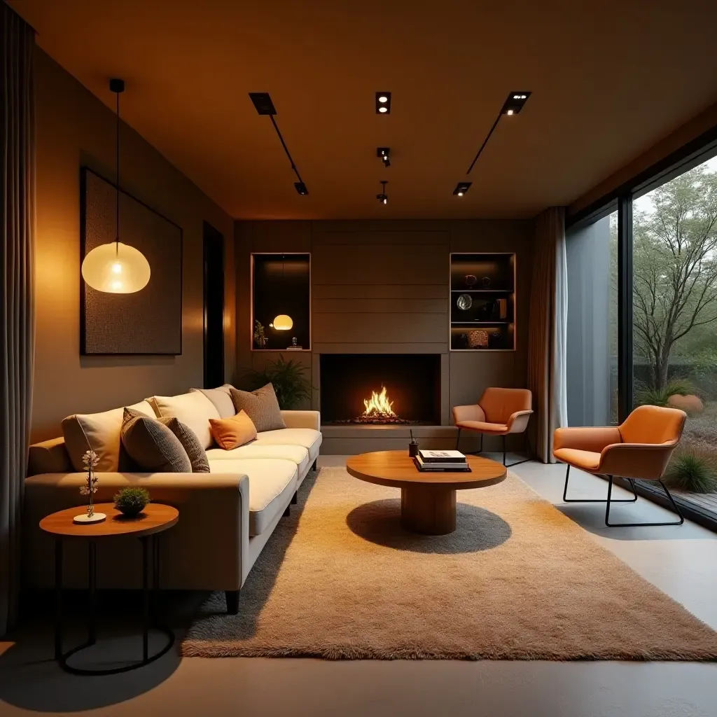 a photo of a cozy basement lounge with modern furniture and warm lighting