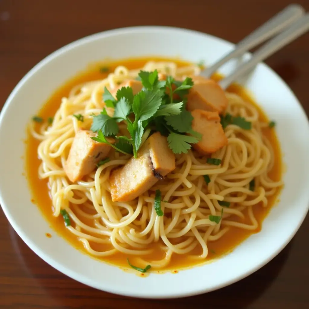 a photo of Kanom Jeen Nam Ya, rice noodles with fish curry, garnished with fresh herbs and vegetables.