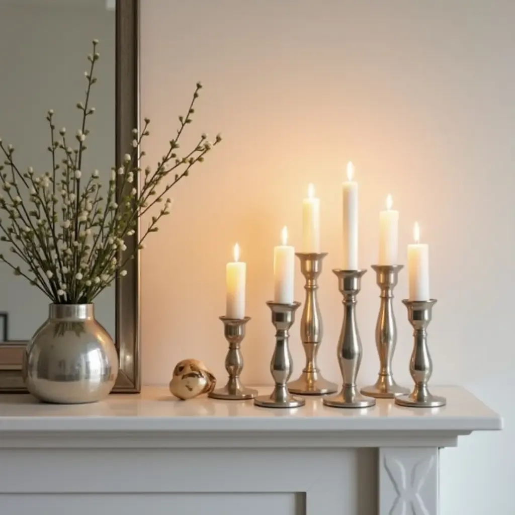 a photo of a mirrored candle holder arrangement on a mantel