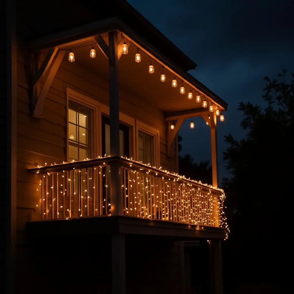 a photo of a balcony adorned with twinkling fairy lights and lanterns