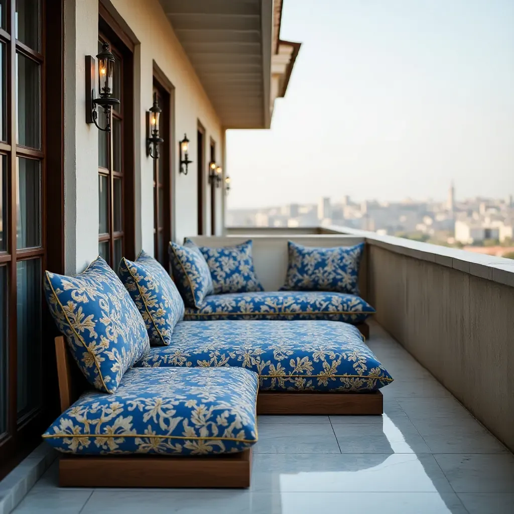 a photo of a balcony with artistic blue and gold patterns on cushions