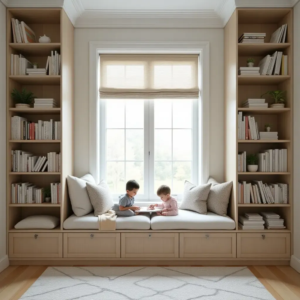 a photo of a nursery with a reading nook surrounded by bookshelves