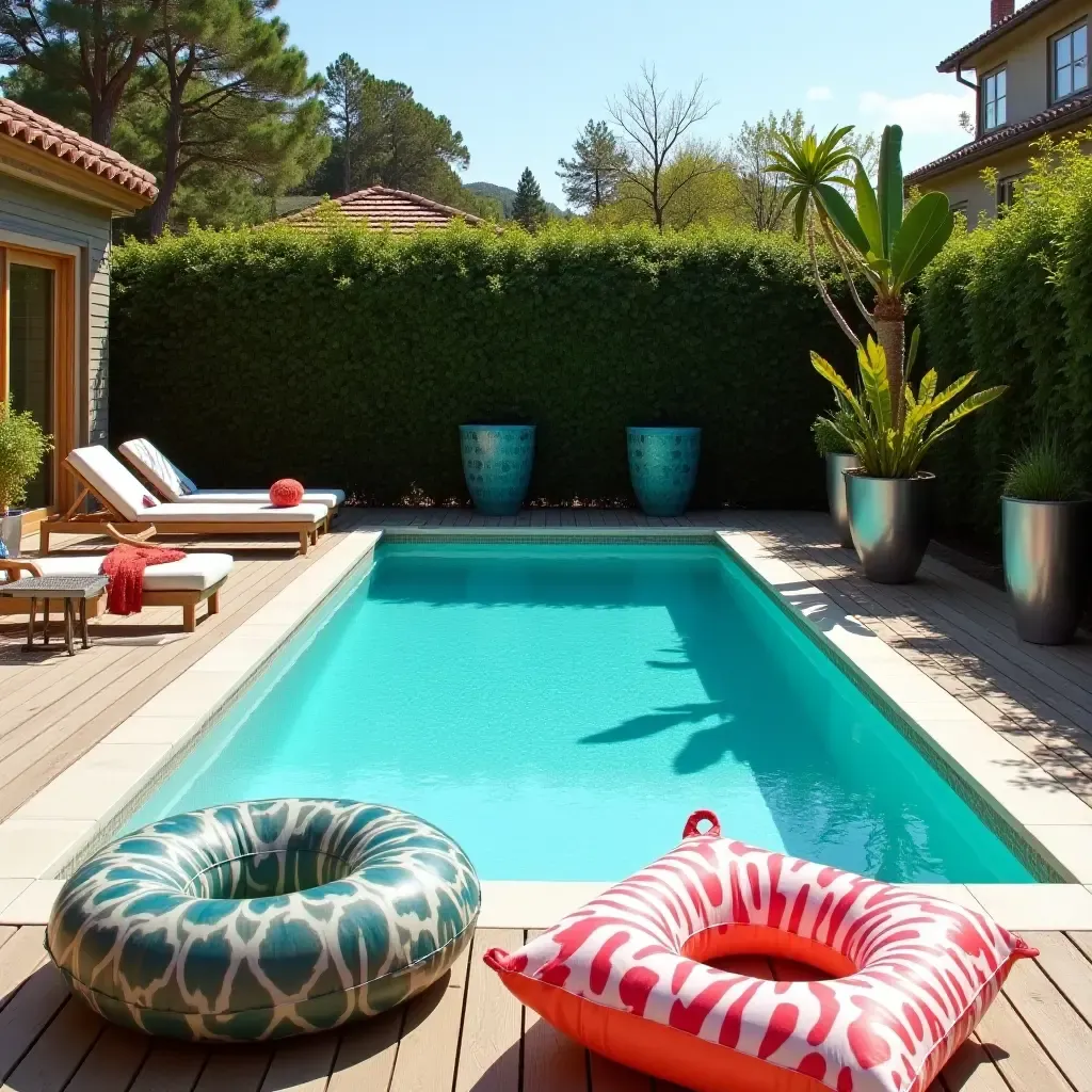 a photo of a vibrant pool area with fabric pool floats, natural wood decking, and contemporary metal planters