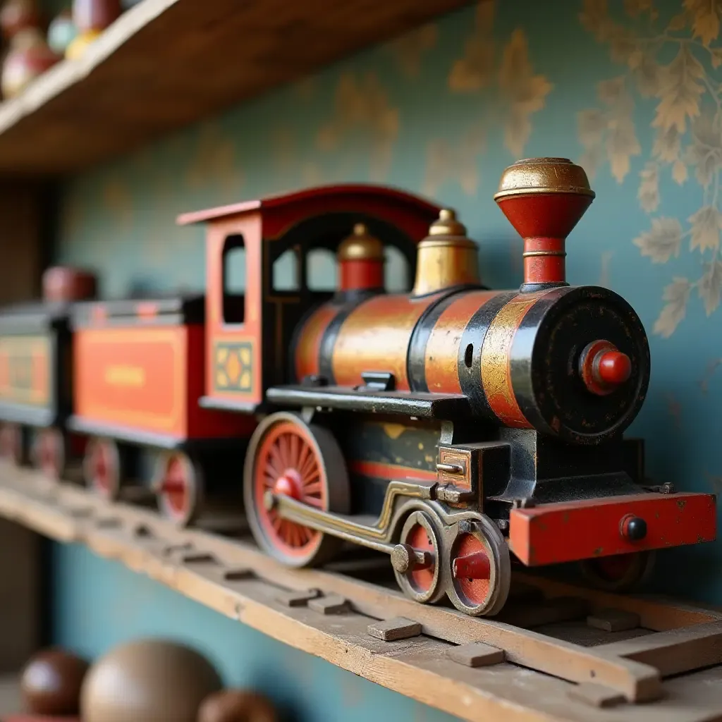 a photo of a vintage toy train on a decorative shelf