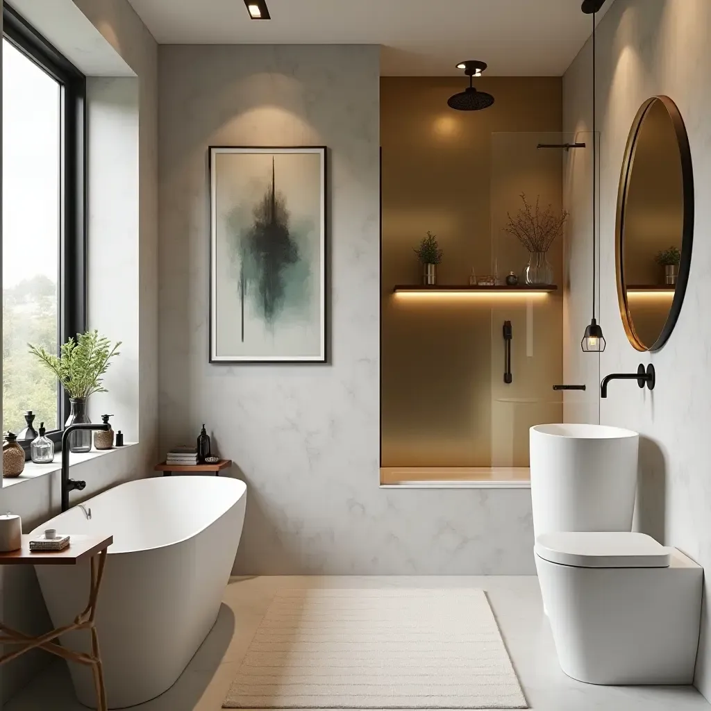 a photo of a chic bathroom with metallic accent walls and artistic decor