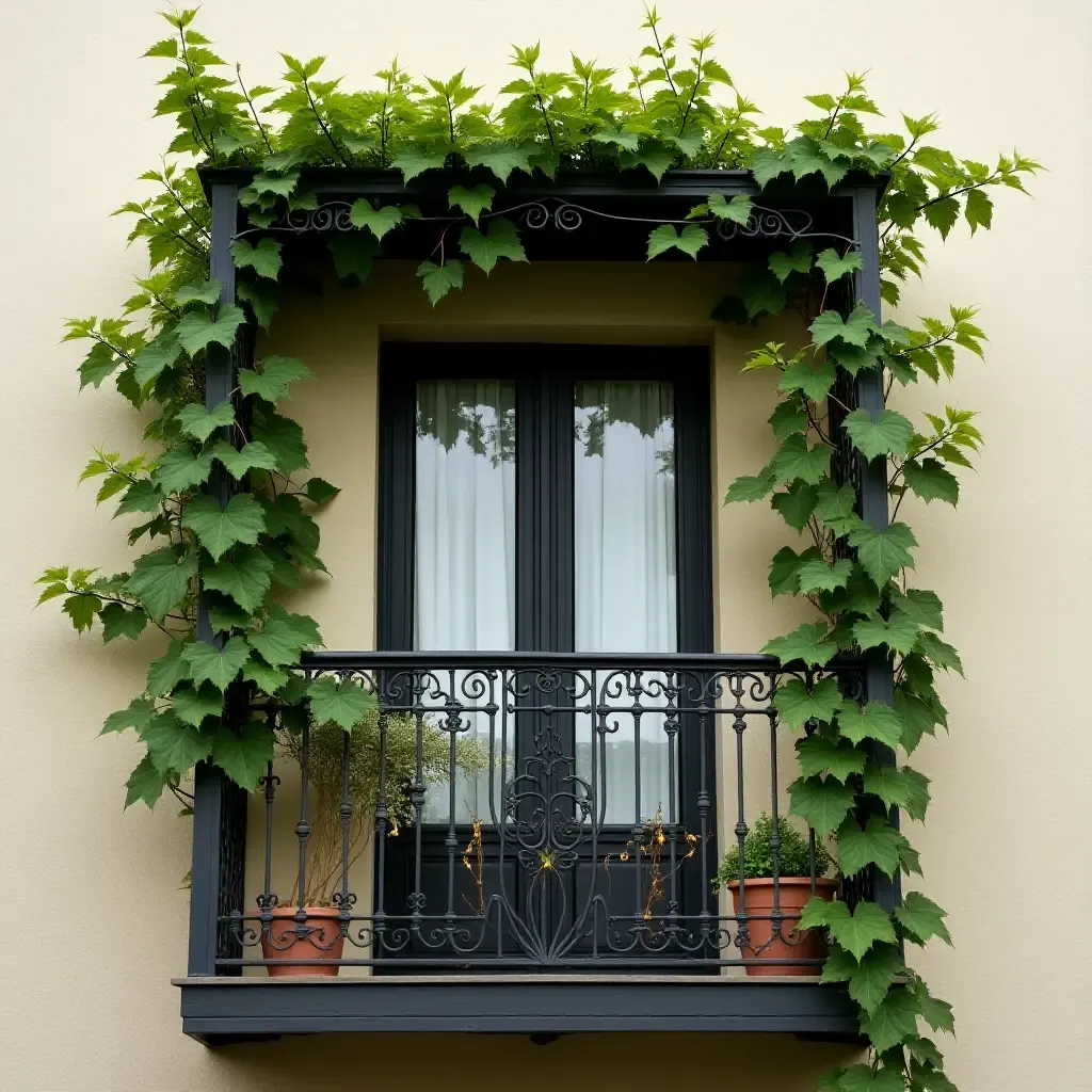 a photo of a balcony with a trellis covered in climbing vines