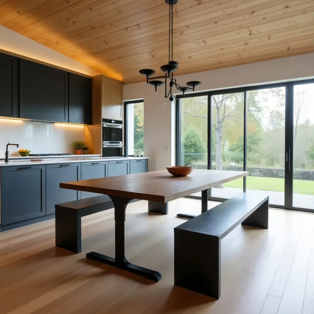 a photo of a kitchen with a large metal dining table and benches