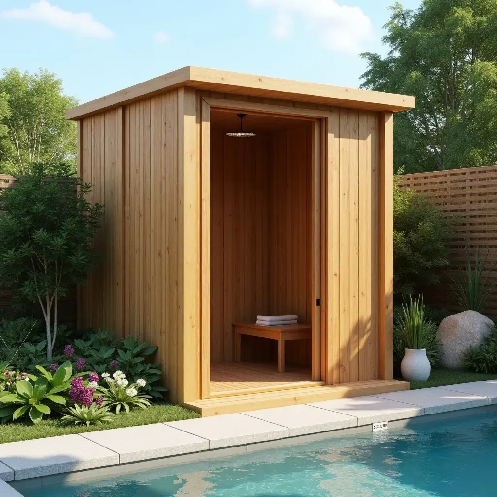 a photo of a wooden outdoor shower next to the pool