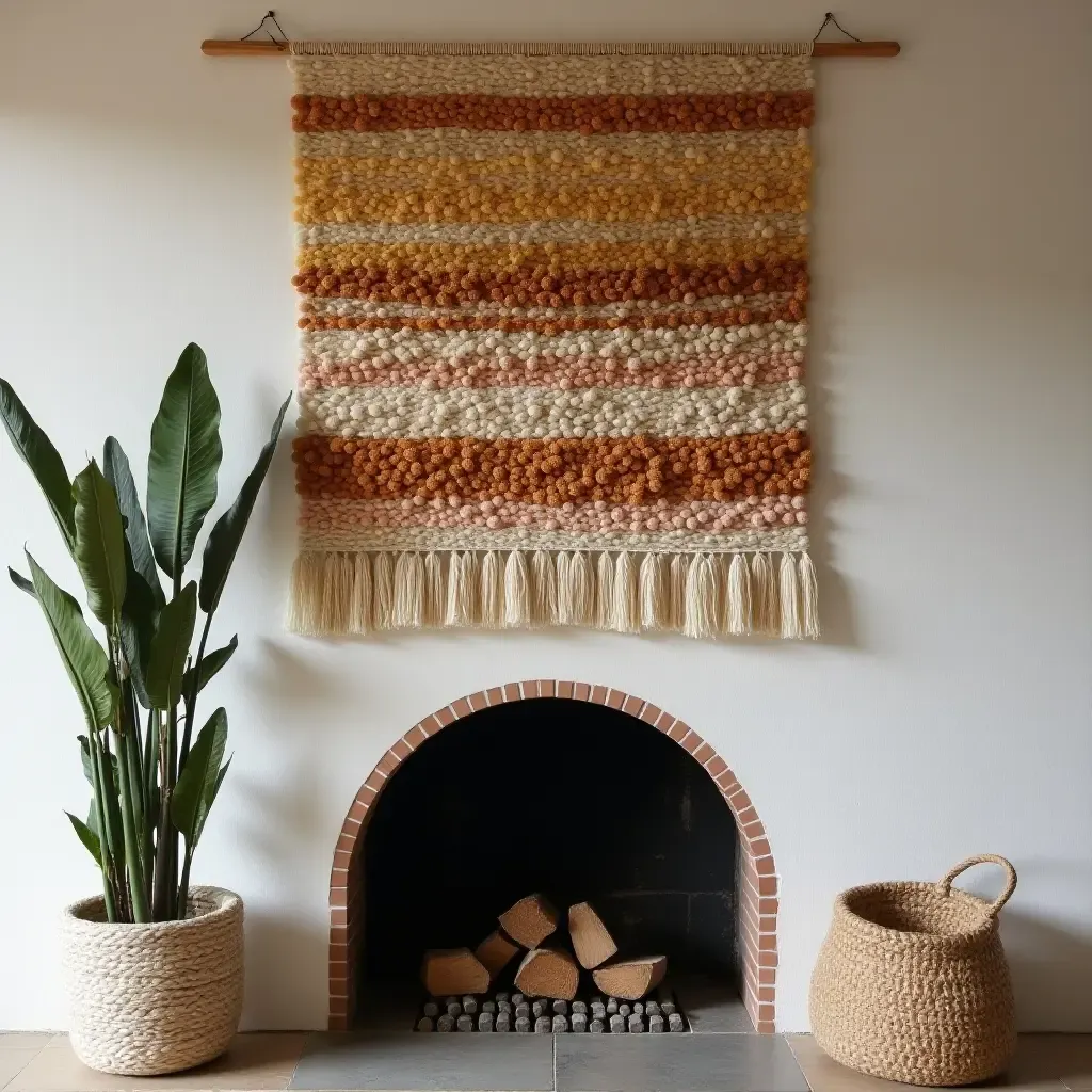 a photo of a woven tapestry hanging above a fireplace