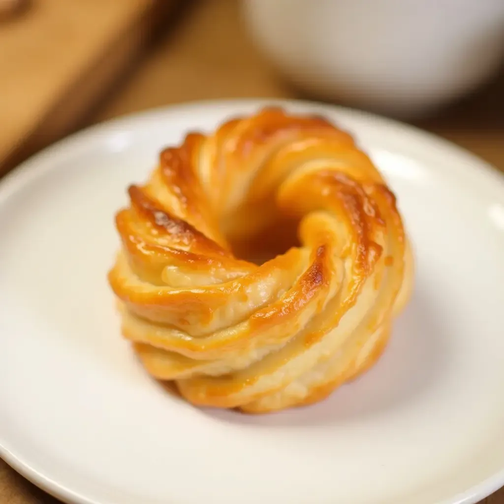 a photo of a delicate kouign-amann, golden and flaky, served on a white plate.