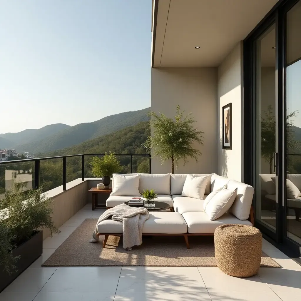 a photo of a balcony with a stylish outdoor sofa and cushions