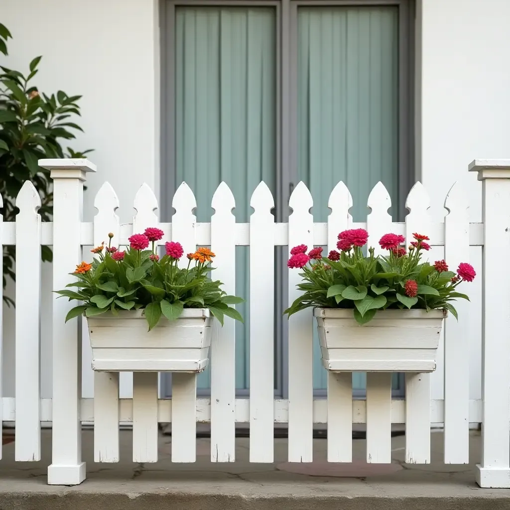 a photo of a balcony with a white picket fence and flower boxes