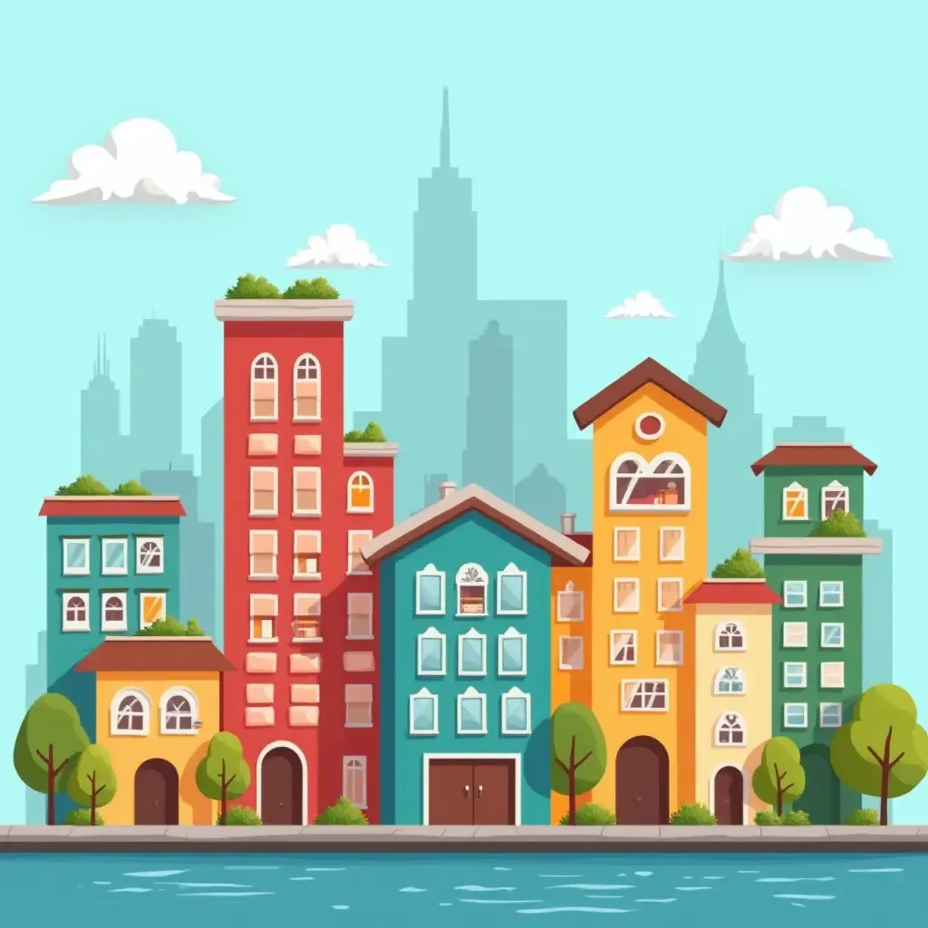 a photo of a vibrant city skyline with friendly cartoon buildings