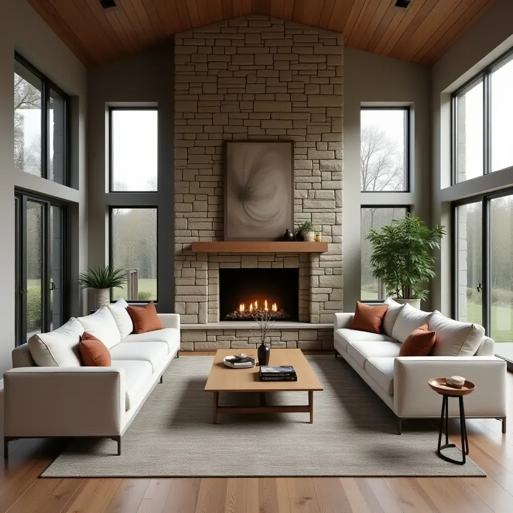 a photo of a cozy living room with a sectional and a stone fireplace