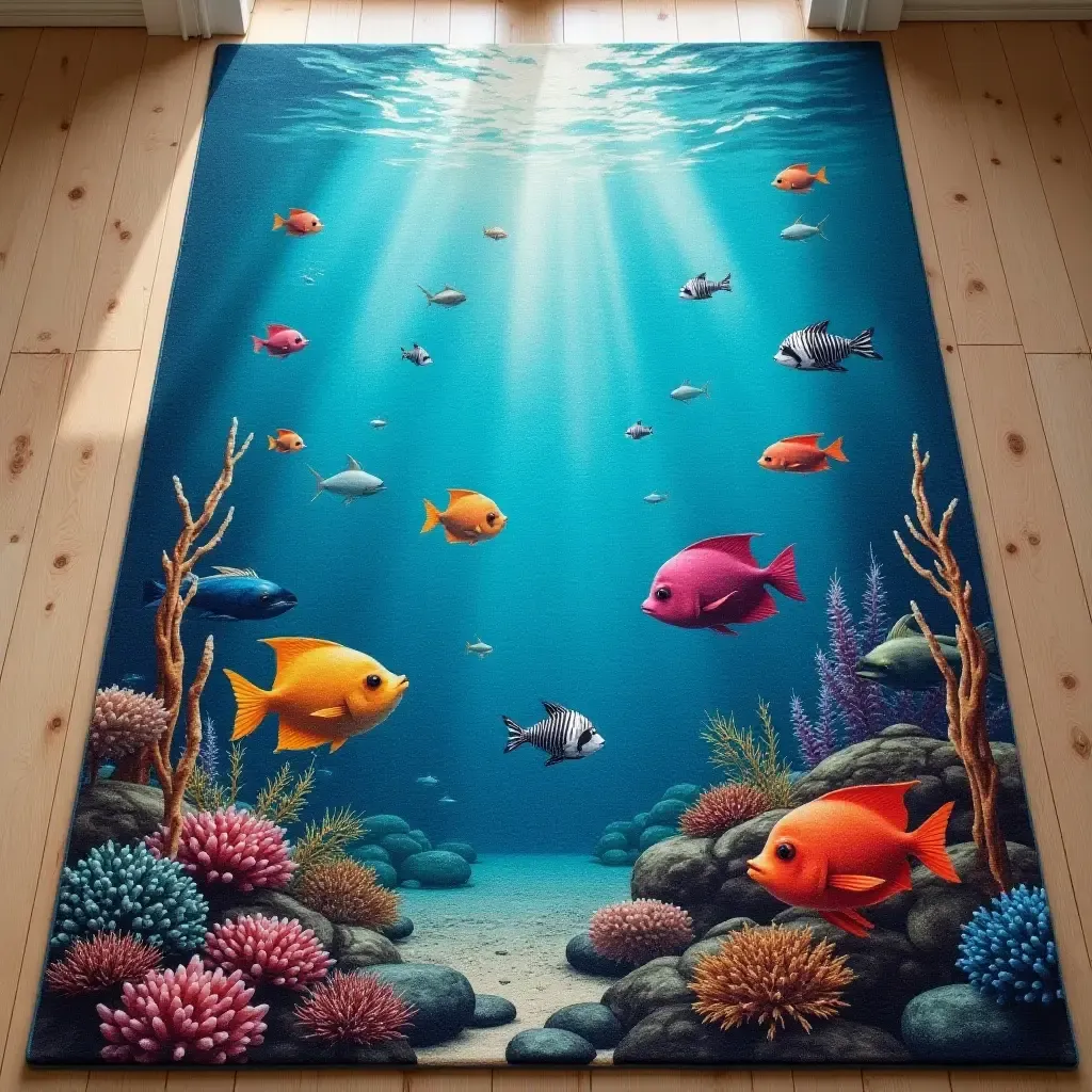 a photo of a rug with an underwater scene featuring colorful fish