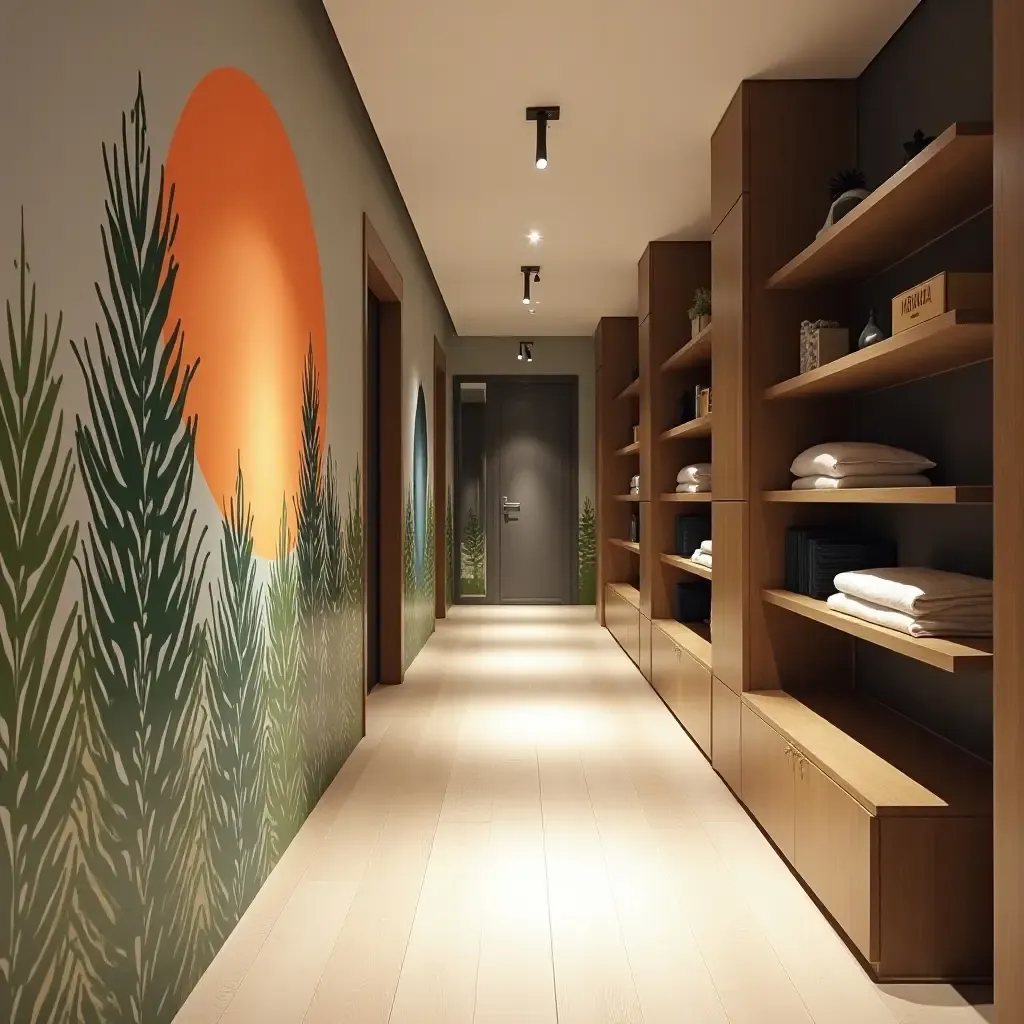 a photo of a corridor featuring a stylish mural and storage shelves