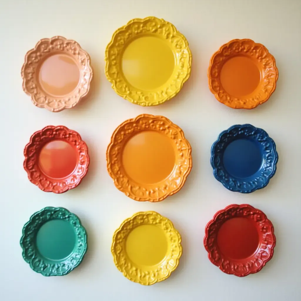 a photo of a series of colorful plates arranged on the wall