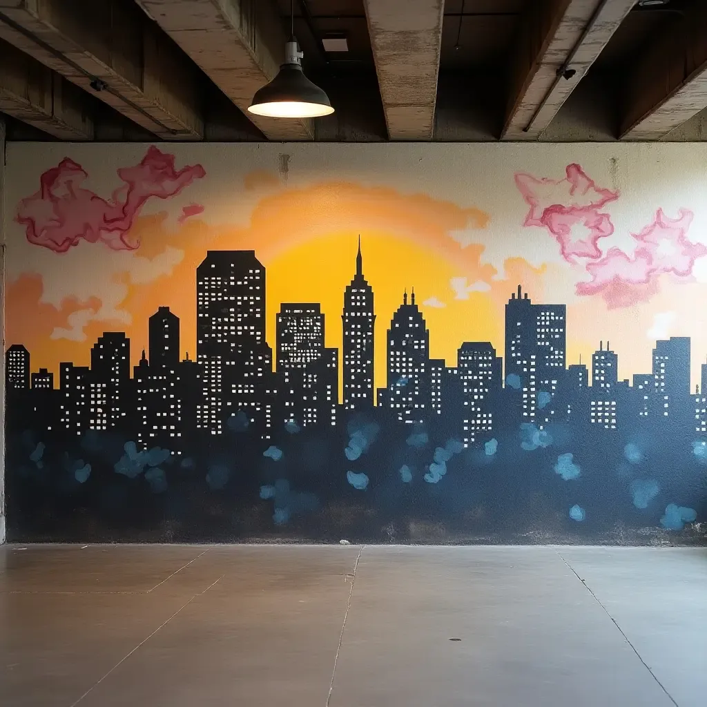 a photo of a basement wall featuring a mural of a city skyline