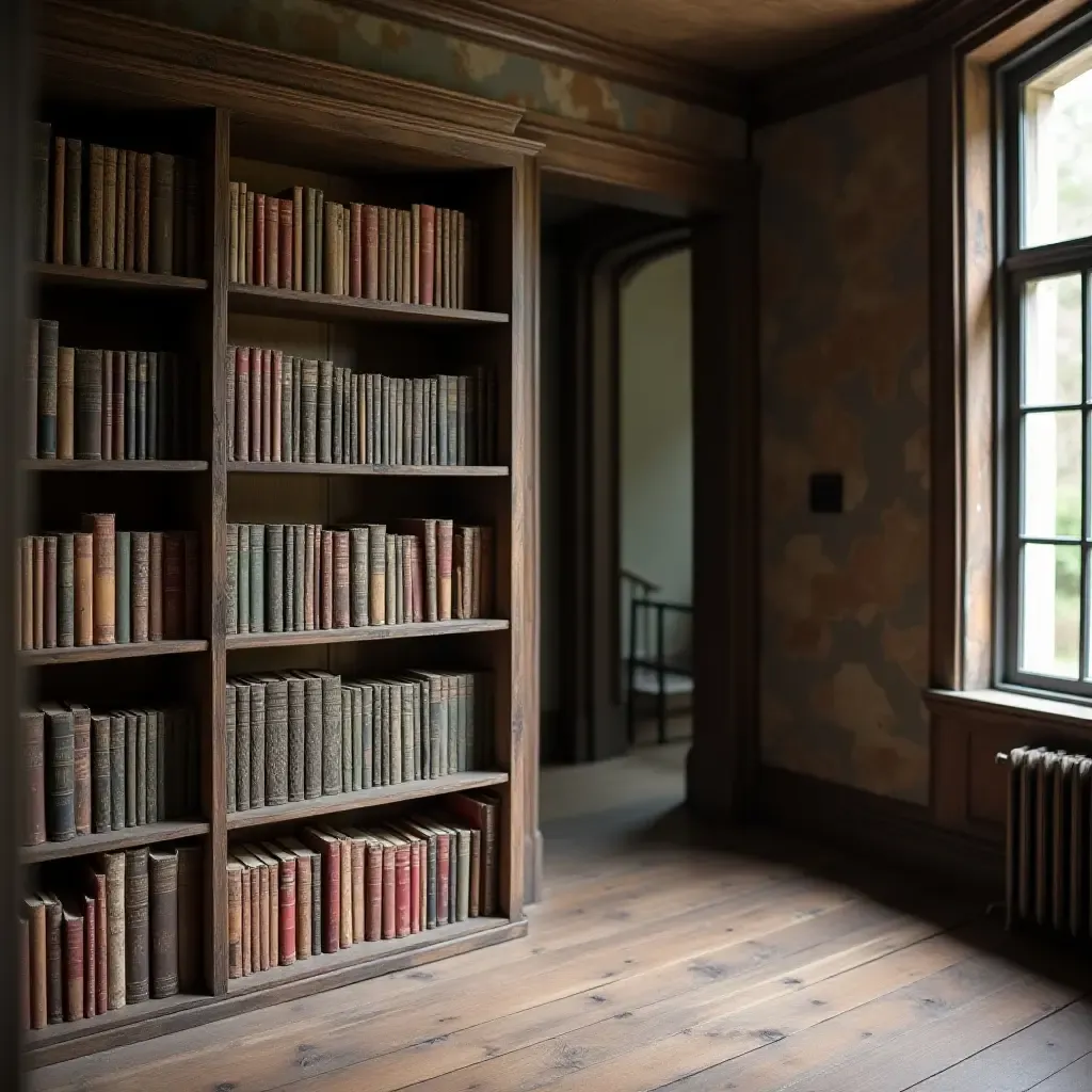 a photo of a vintage bookshelf filled with books in a hallway