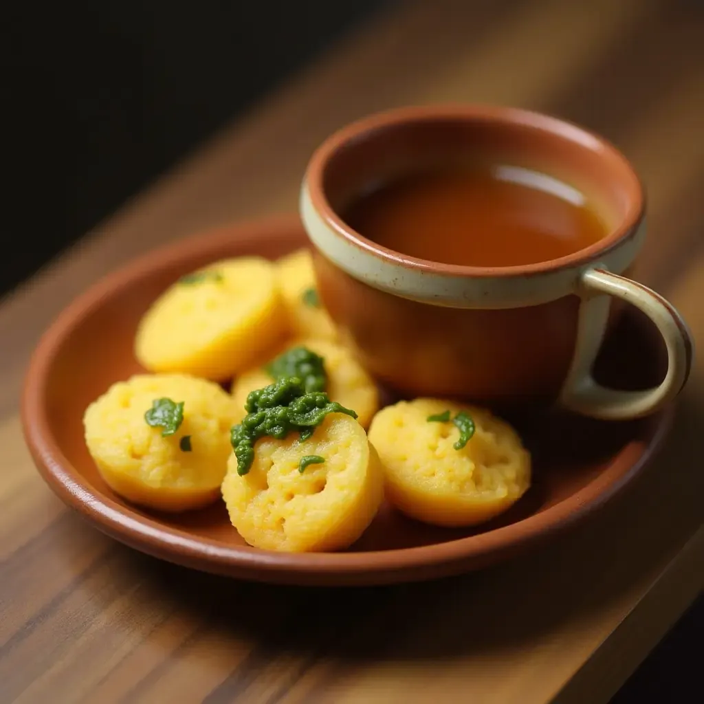 a photo of soft, fluffy dhokla with green chutney, paired with chai in a clay cup.