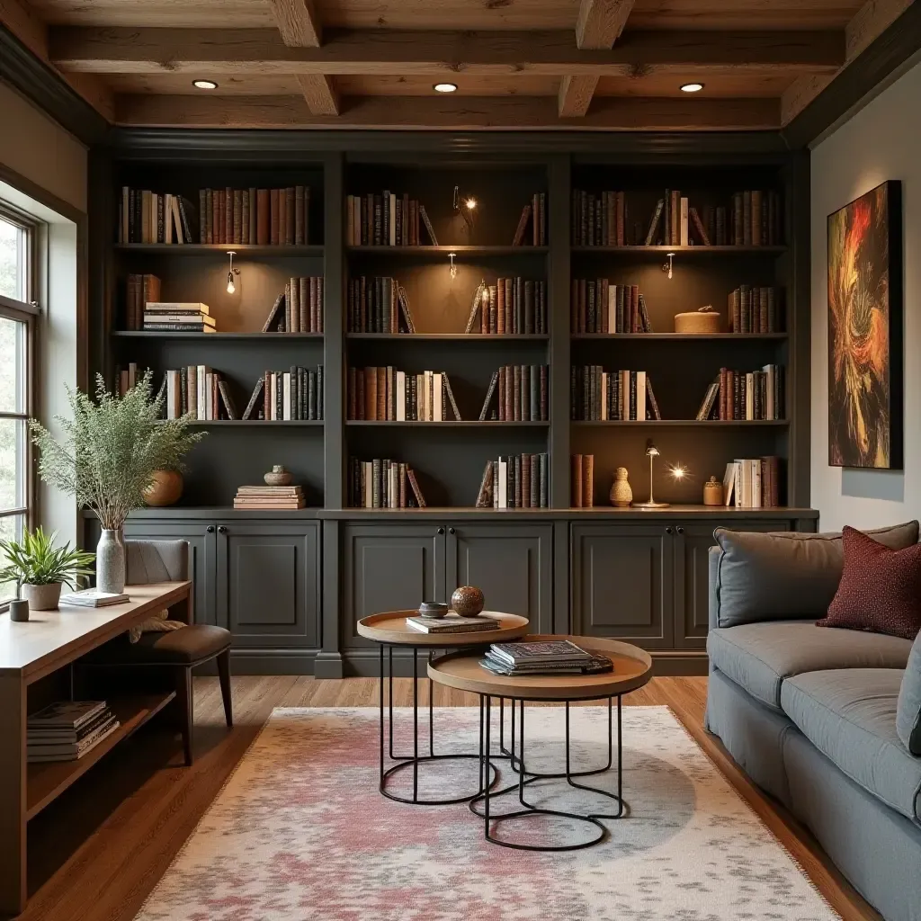 a photo of a basement with a chic display for books and decor