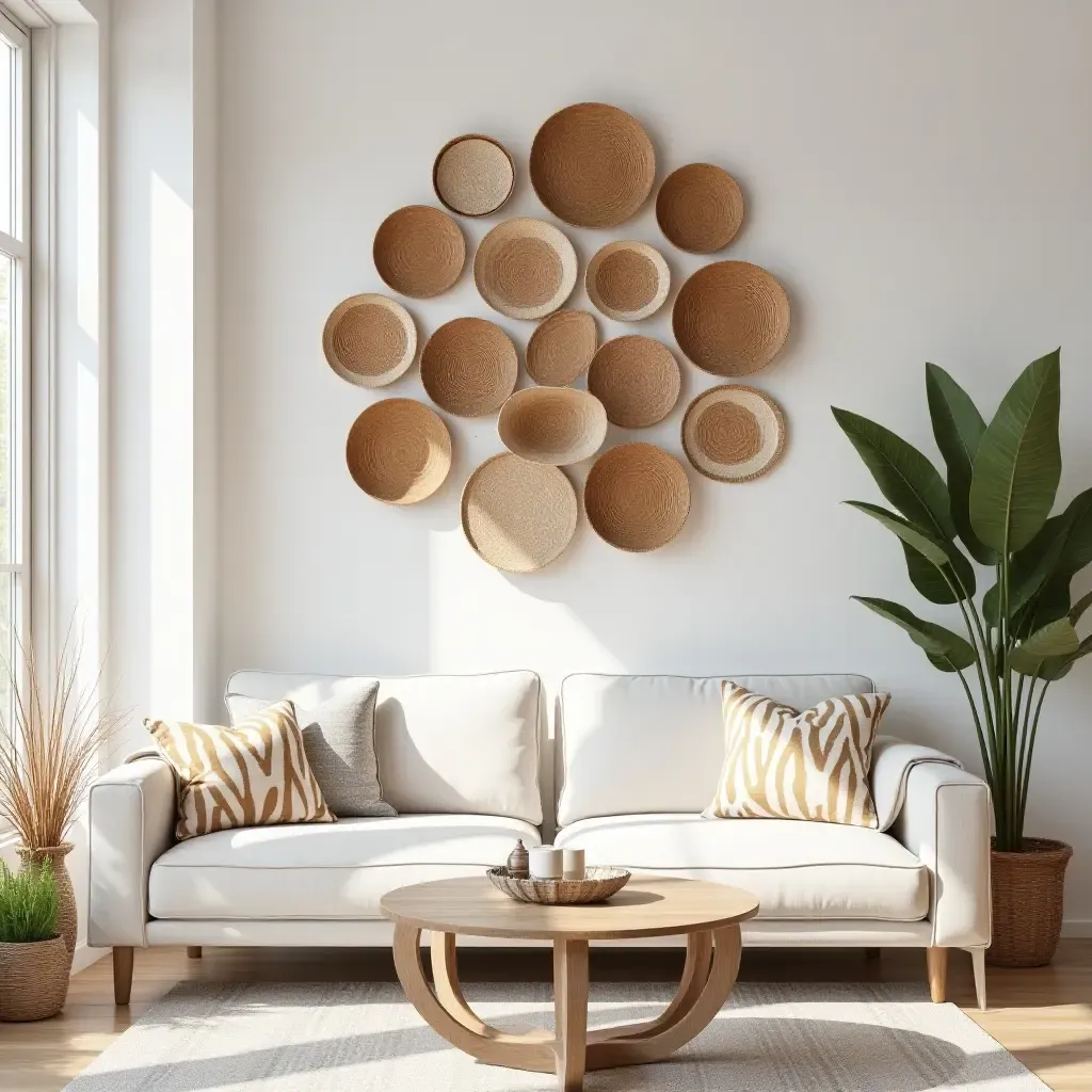 a photo of a colorful woven wall basket arrangement in a modern living room