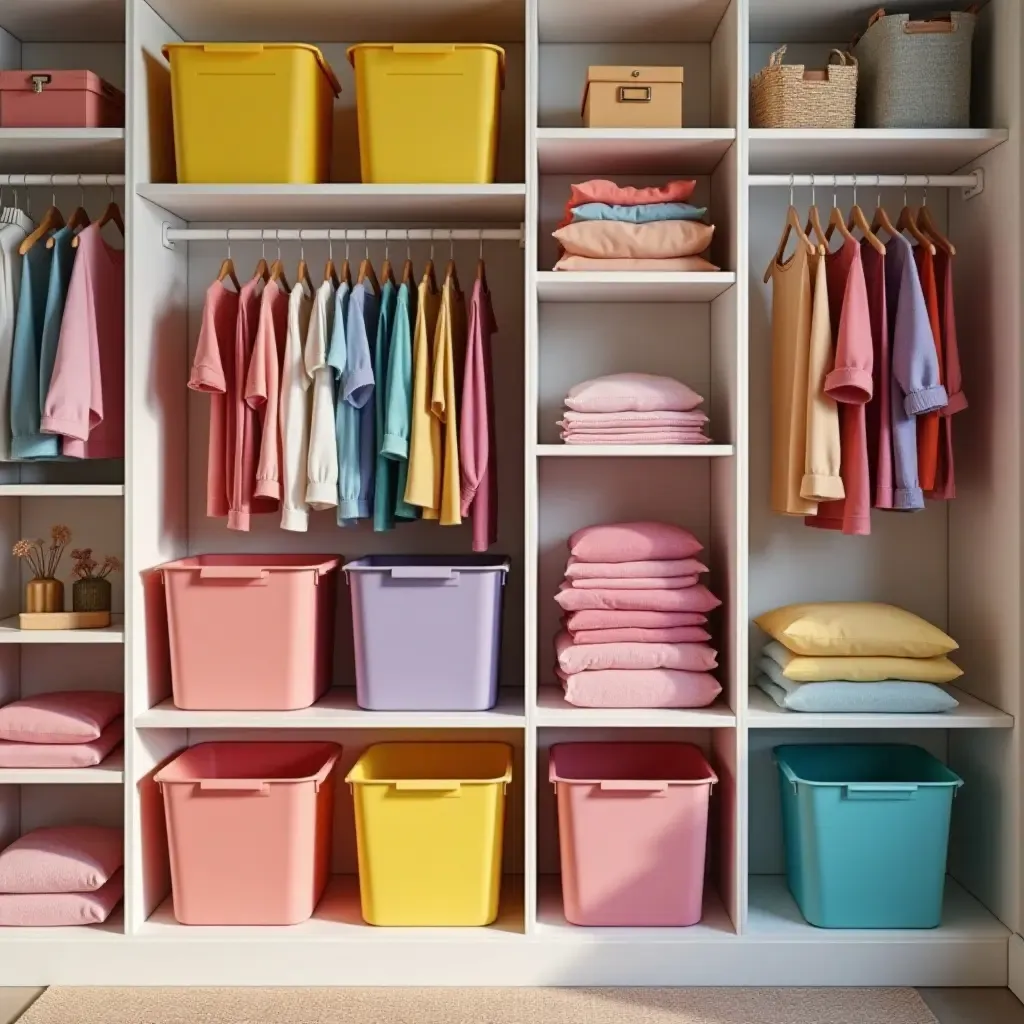 a photo of a vibrant closet organizer with color-coded bins