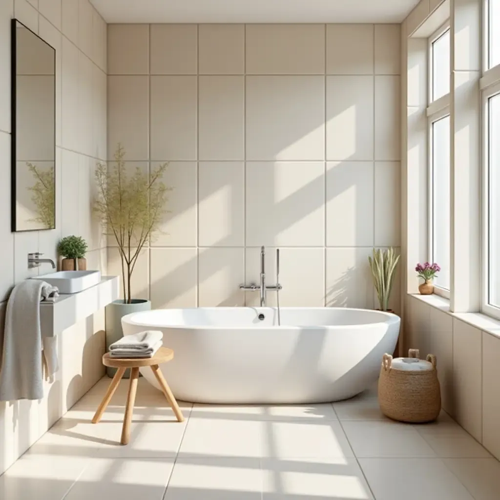 a photo of a serene bathroom with soft-colored tiles and tranquil decor