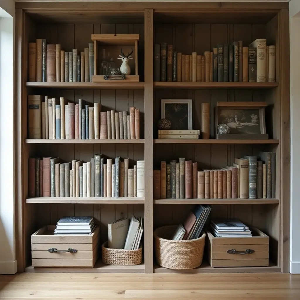 a photo of a farmhouse-style library with decorative wooden crates for books