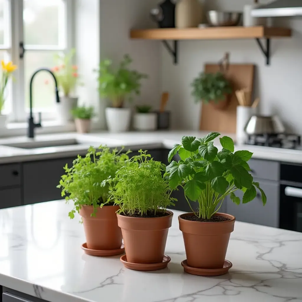 a photo of a stylish herb garden in pots on a contemporary kitchen countertop