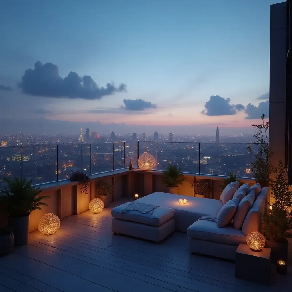 a photo of a rooftop balcony with panoramic city lights and soft glow