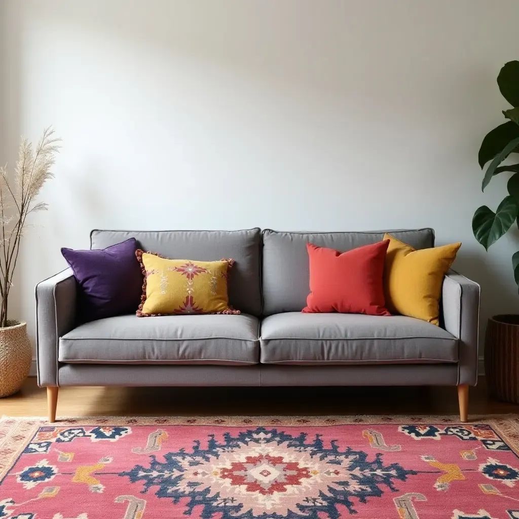 a photo of a grey sofa surrounded by colorful throw pillows and a vibrant rug