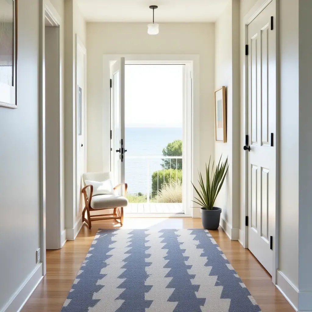 a photo of a nautical-themed rug adding charm to a seaside corridor