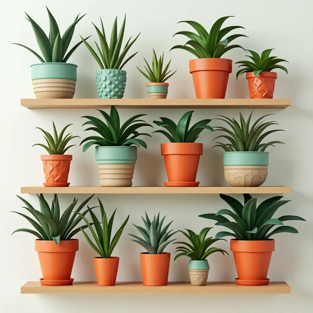 a photo of a plant shelf with fun, colorful pots