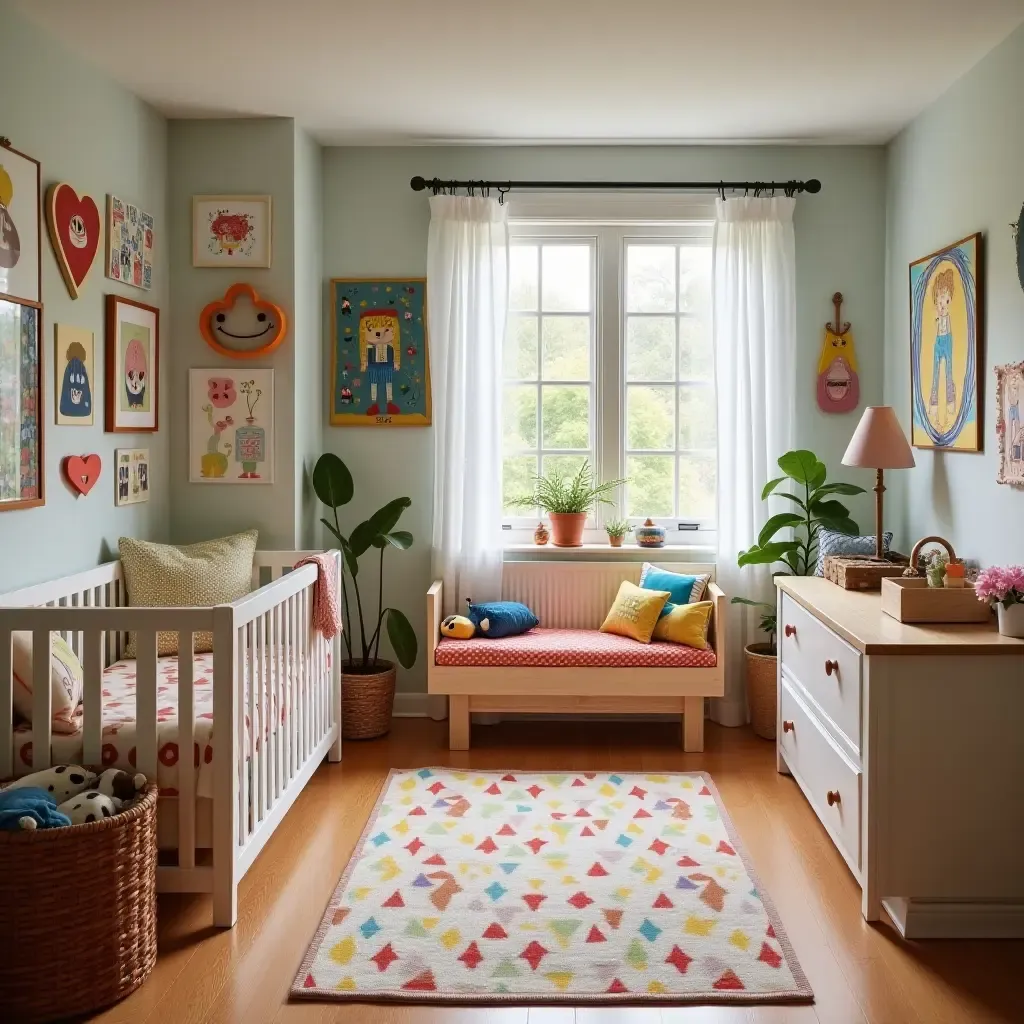 a photo of a colorful basement nursery with playful decor and furniture