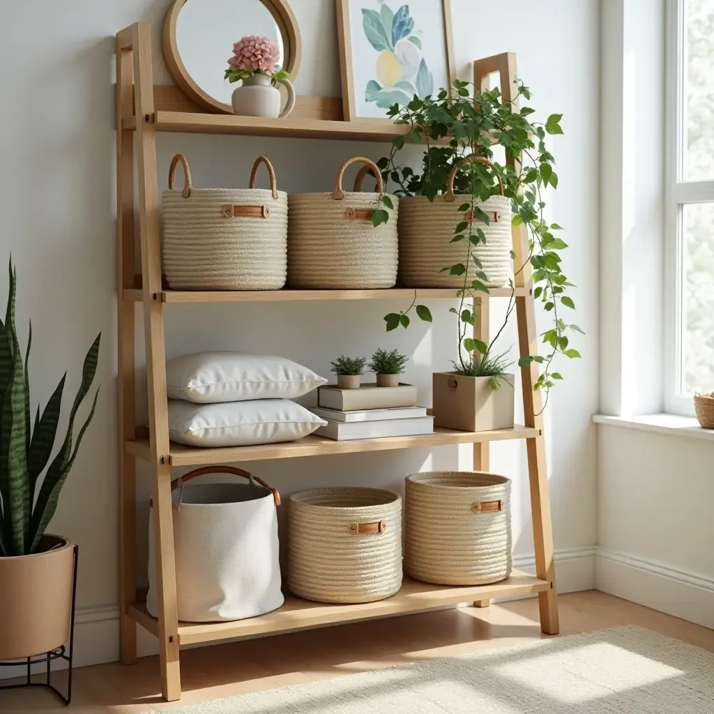 a photo of a bright storage solution using hanging baskets