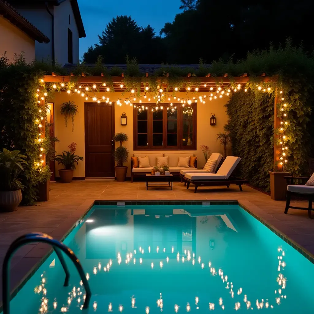 a photo of a charming poolside area with fairy lights and cozy seating