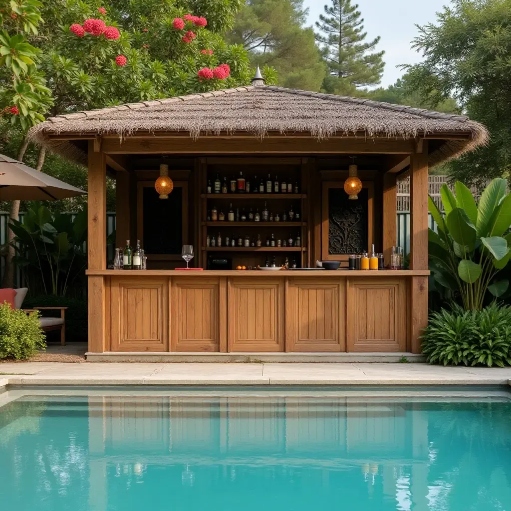 a photo of a rustic wooden bar counter beside a swimming pool