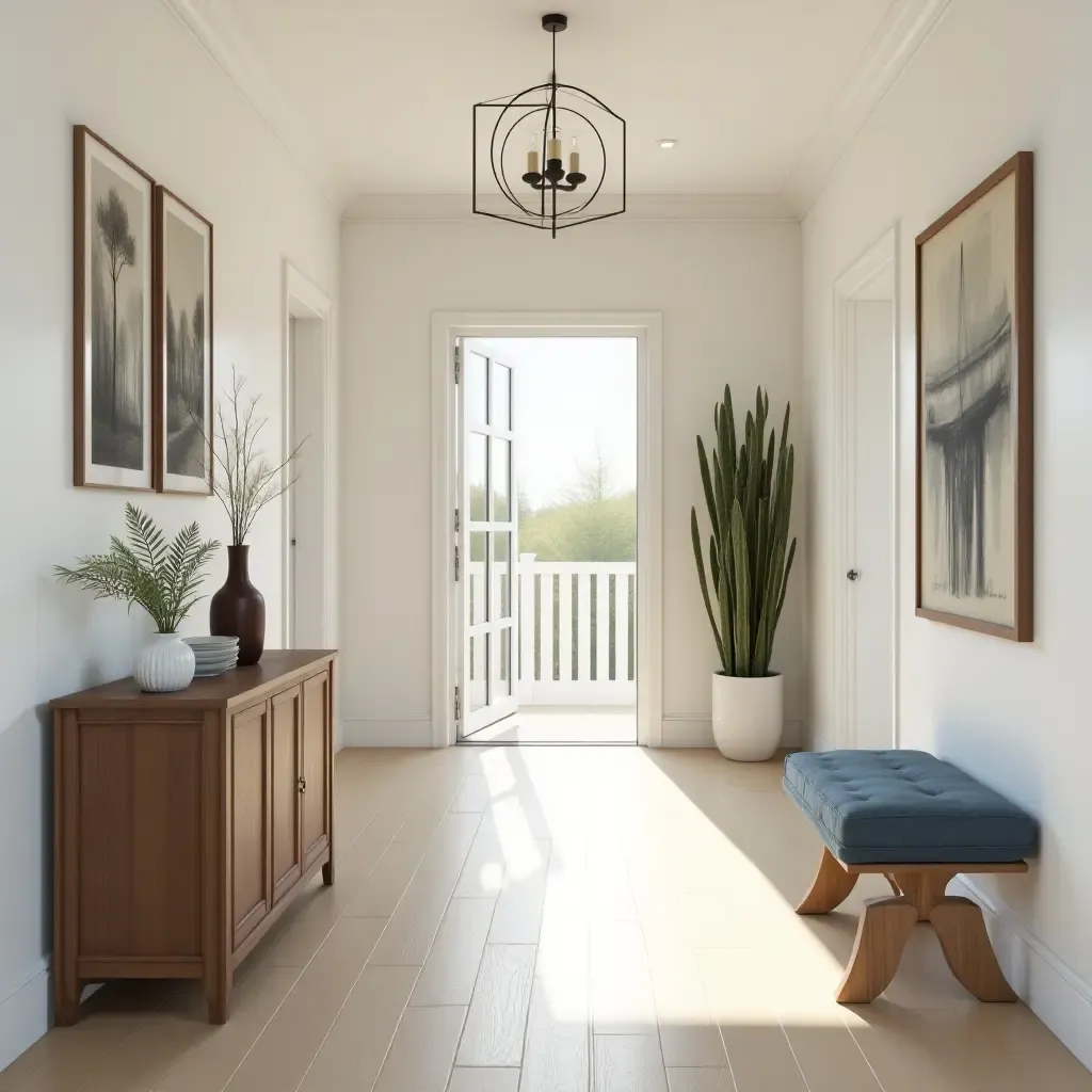 a photo of a bright entrance hall with a mix of modern and traditional decor