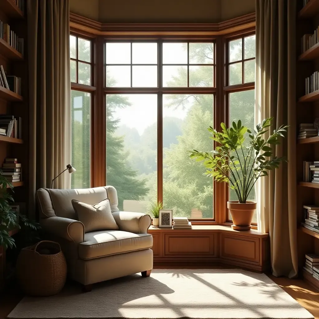 a photo of a reading nook with a large window and a comfy recliner