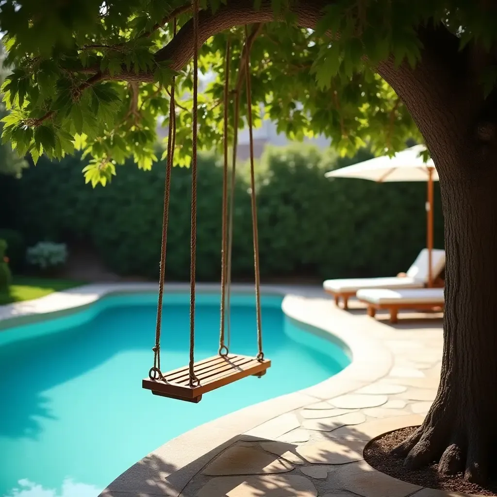 a photo of an old-fashioned swing hanging from a tree near the pool