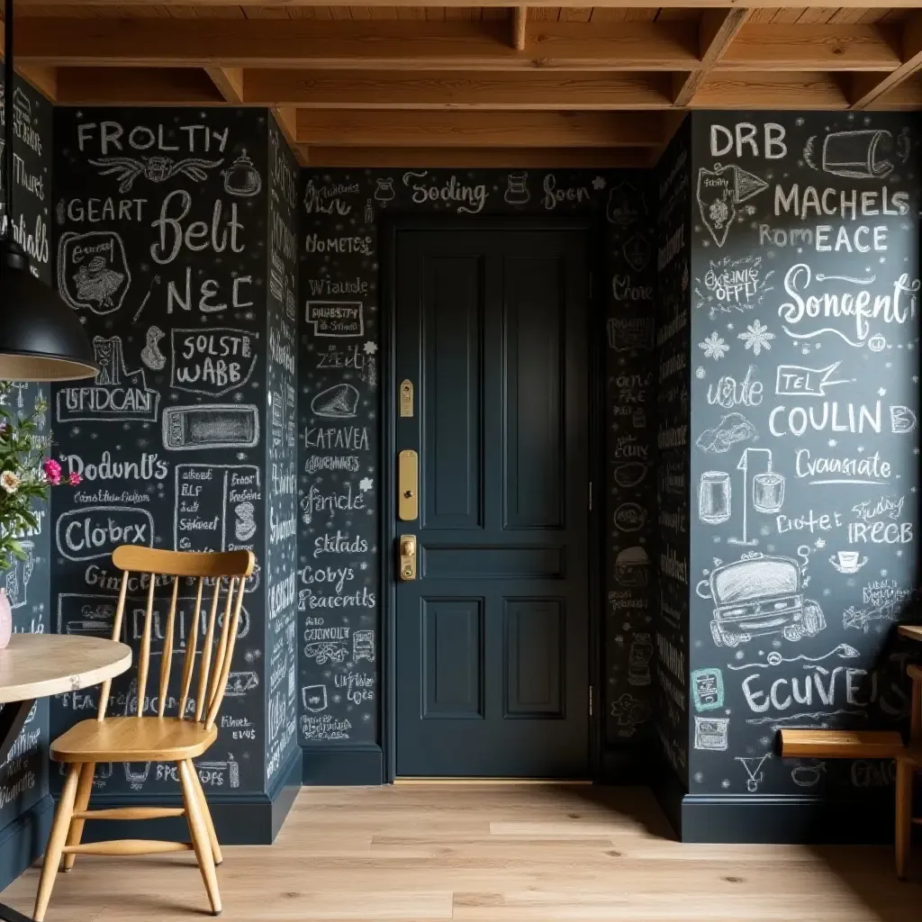 a photo of a basement featuring a whimsical chalkboard wall for doodling and notes