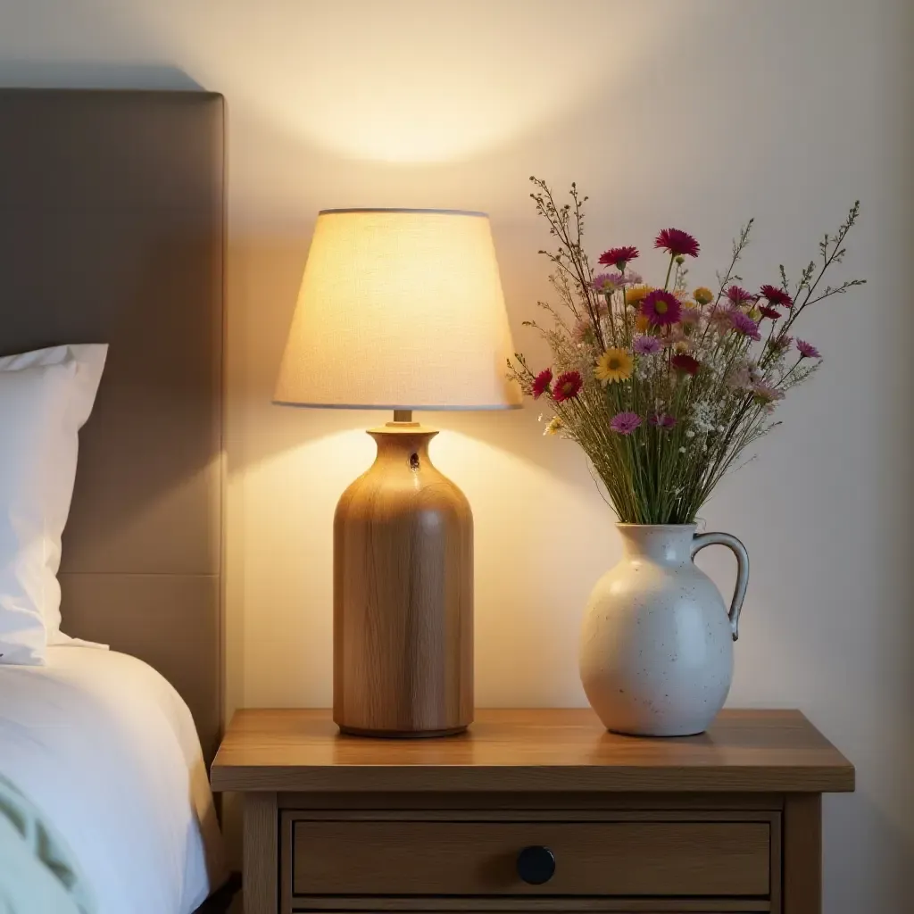 a photo of a bedside table with a rustic lamp and wildflower vase