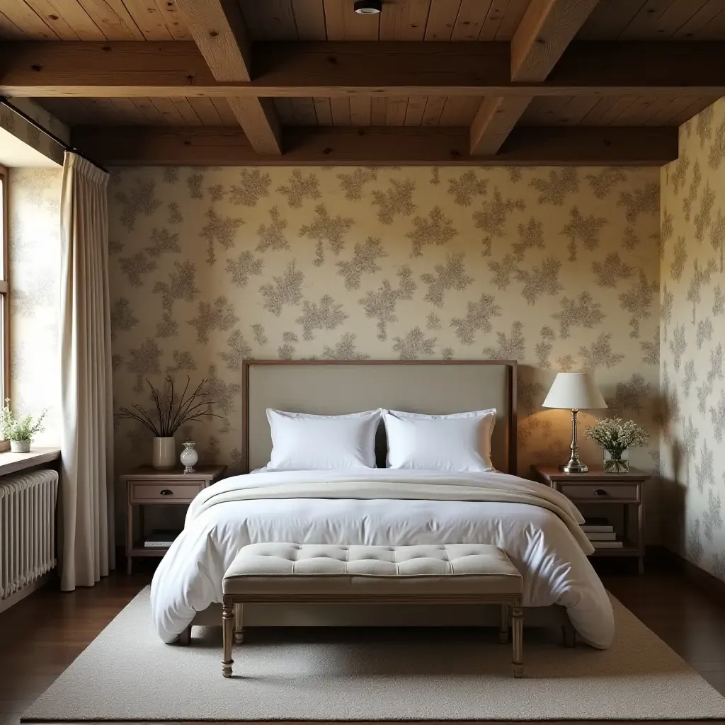 a photo of a bedroom with exposed beams and vintage wallpaper