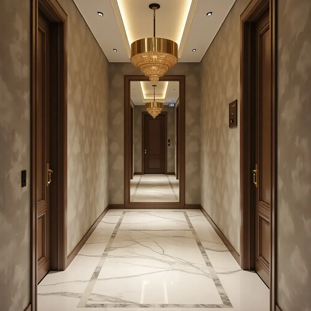 a photo of a glamorous corridor featuring a statement mirror